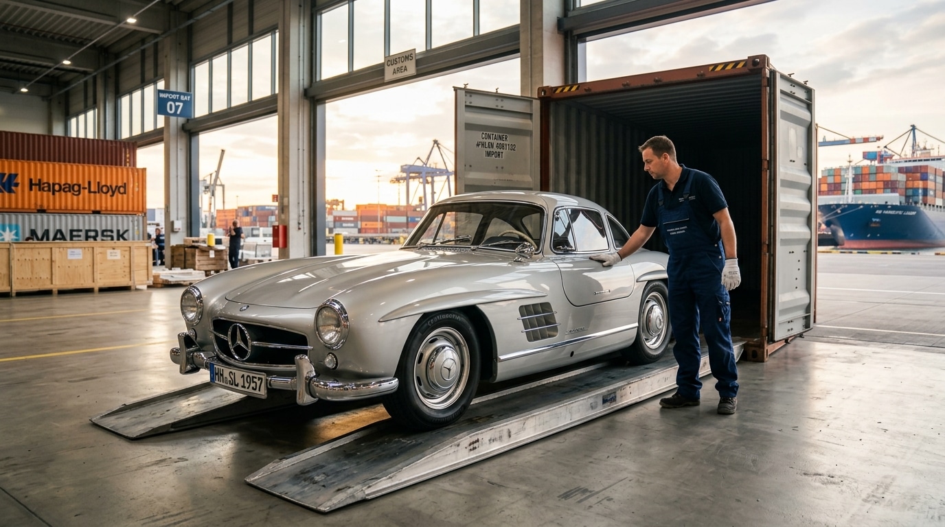 A pristine silver vintage Gullwing classic sports car being carefully unloaded from a high-security exclusive shipping container at a modern port terminal.