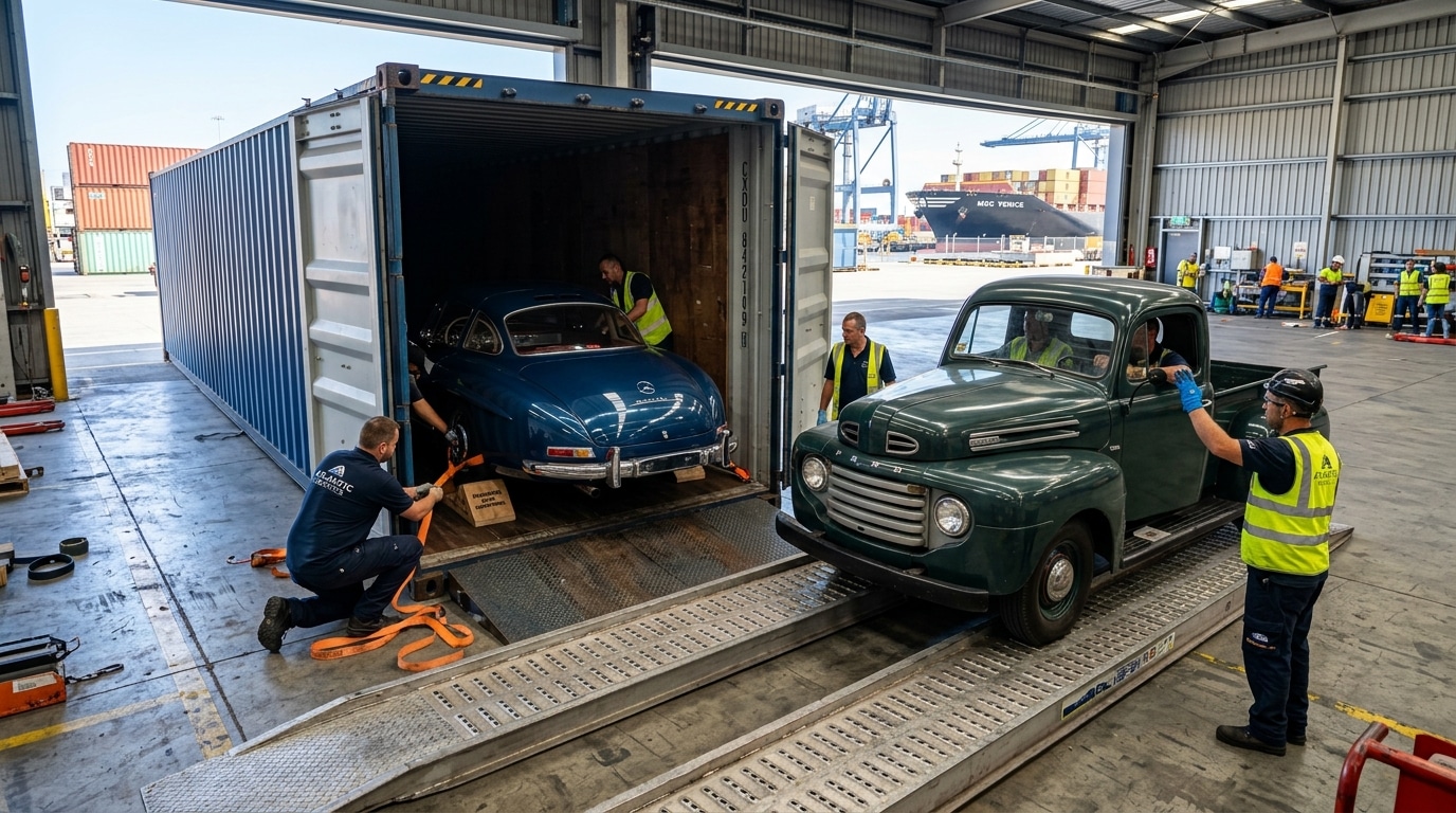A classic car and a vintage pickup truck being secured inside an enclosed shipping container at an export warehouse.