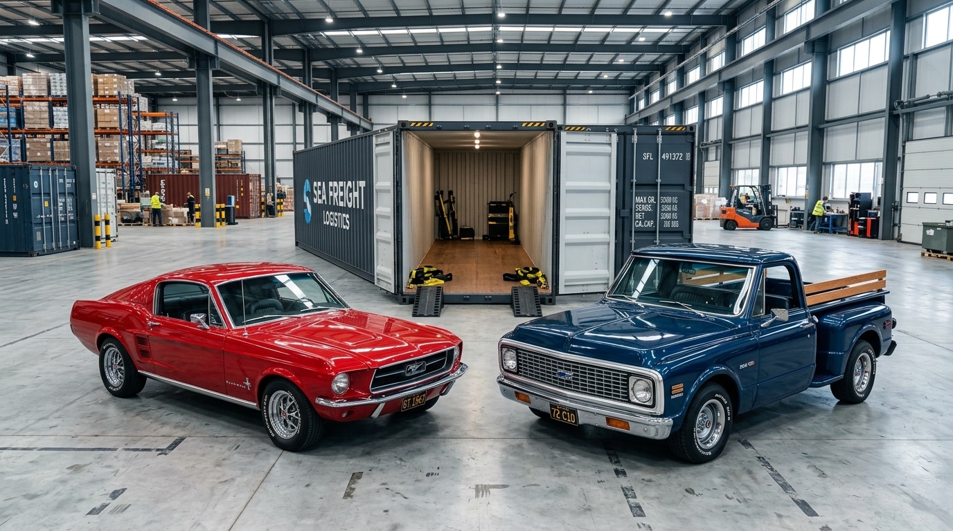 Pristine classic car and vintage truck inside an overseas shipping warehouse secured for enclosed container transport.