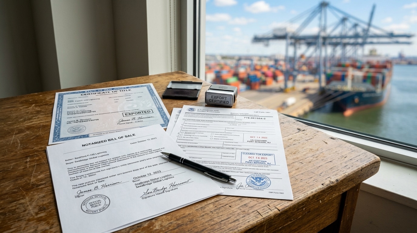 Official vehicle export validation documents and shipping titles prepared for US Customs clearance at a New Jersey deepwater transit port.