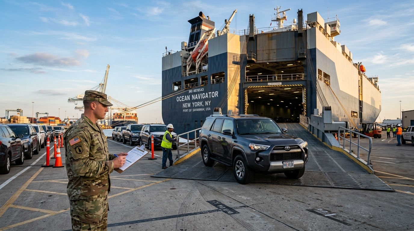 U.S. military personnel vehicle being loaded onto an international transport vessel for a PCS move