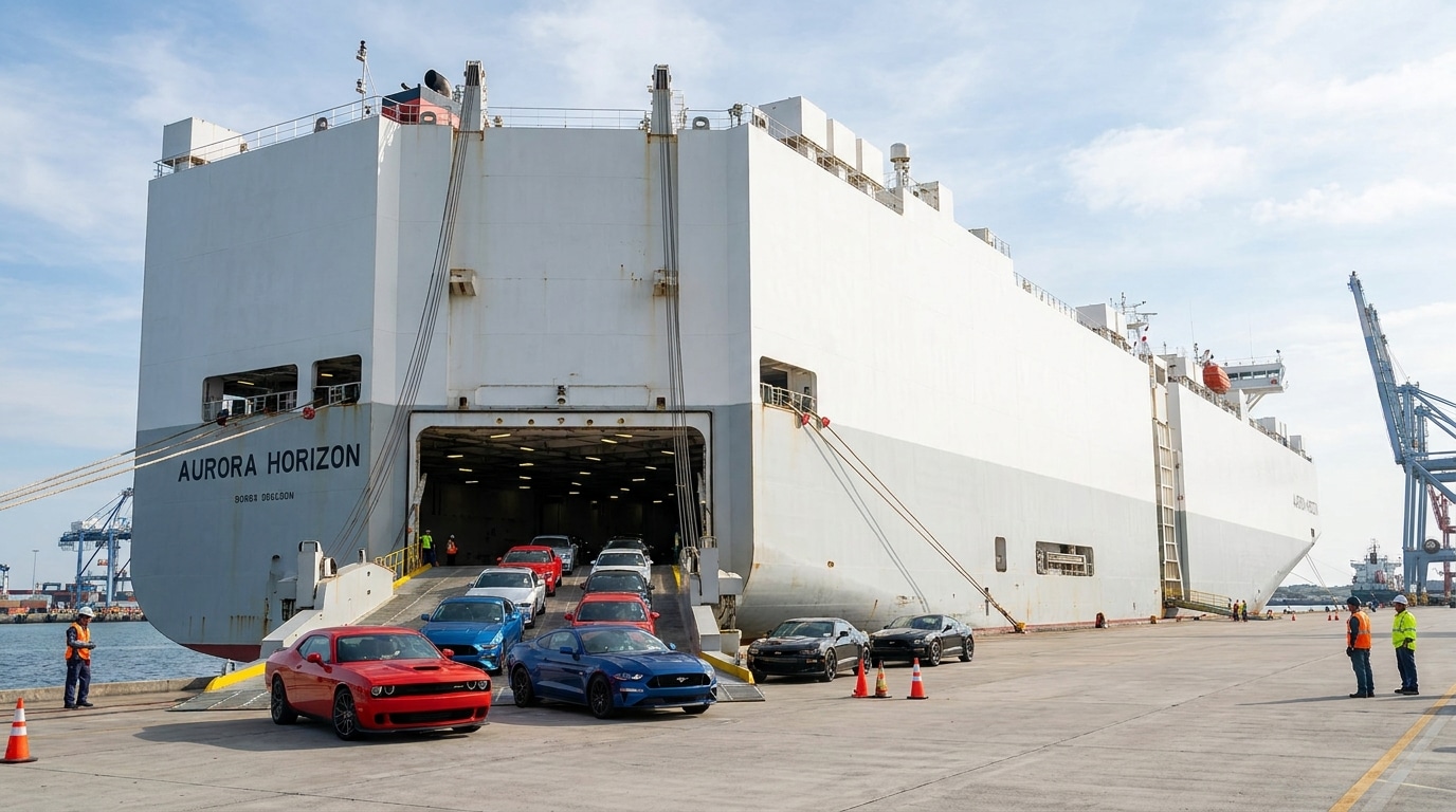 A fleet of modern American sports cars driving up the ramp of a specialized Roll on Roll off vessel under bright coastal daylight