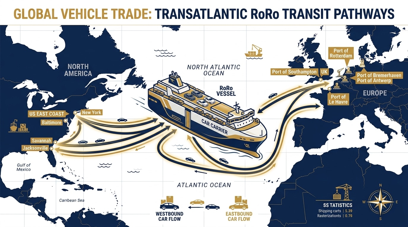 A professional infographic detailing the transatlantic flow of RoRo vehicle carriers from the US East Coast to Western European hubs