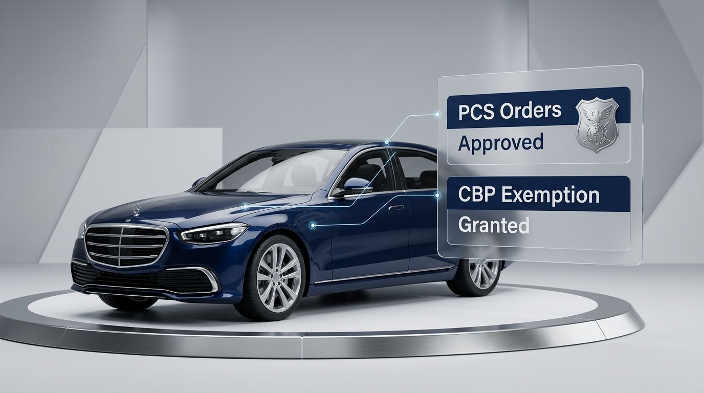Premium 3D corporate architectural illustration showing a high-end vehicle alongside an official document checklist with military compliance verification graphics.