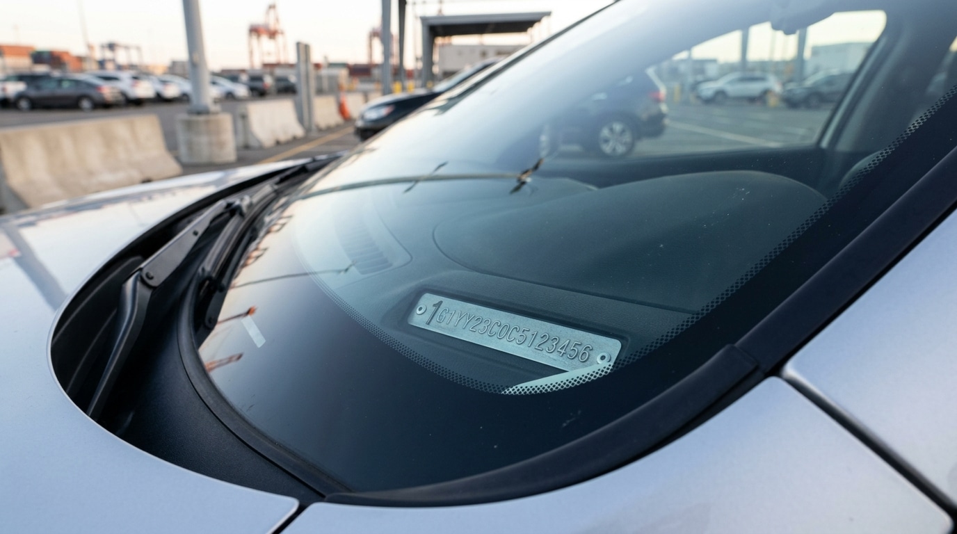 A close up photorealistic view of a vehicle identification number plate on a car dashboard inside a specialized RoRo port terminal staging zone